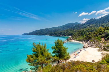 Vourvourou yakınlarındaki güzel Fava kumsal sahili, Yunan yarımadası Sithonia, Chalkidiki (Halkidiki), Yunanistan, Avrupa. Ege Akdeniz 'de yaz tatili.