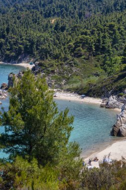 Vourvourou yakınlarındaki güzel Fava kumsal sahili, Yunan yarımadası Sithonia, Chalkidiki (Halkidiki), Yunanistan, Avrupa. Ege Akdeniz 'de yaz tatili.