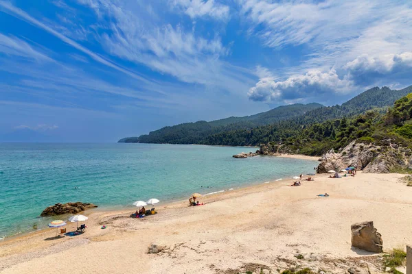 Pohled Krásnou Písečnou Pláž Fava Blízkosti Vourvourou Řecký Poloostrov Sithonia — Stock fotografie