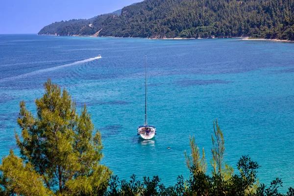 Sailing Ship Aegean Sea Beautiful Fava Sand Beach Vourvourou Greek — Stock Photo, Image
