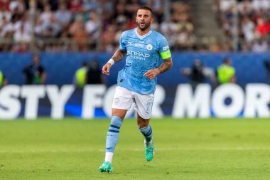 Atina, Yunanistan - 16 Ağustos 2023: Manchester City Kyle Walker 'ın oyuncusu UEFA Süper Kupa Finali' nde Manchester City ile Sevilla arasında oynanan Stadyum Karaiskakis, Pire 'de maç yapıyor