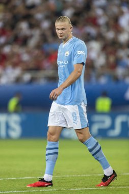 Atina, Yunanistan - 16 Ağustos 2023: Manchester City Erling Haaland 'ın oyuncusu Manchester City ile Sevilla arasında oynanan UEFA Süper Kupa Finali' nde eylem halinde