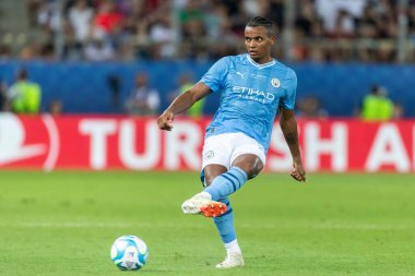 Atina, Yunanistan - 16 Ağustos 2023: Manchester City Manuel Akanji 'nin oyuncusu Manchester City ile Sevilla arasında oynanan UEFA Süper Kupa Finali sırasında, Pire' nin Stadyumu Karaiskakis kentinde maç yapıyor