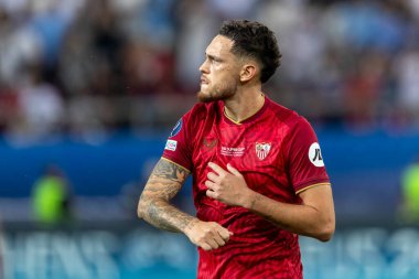 Athens, Greece - August 16,2023: Player of Lucas Ocampos in action during the UEFA Super Cup Final match between Manchester City and Sevilla at Stadio Karaiskakis, Piraeus clipart