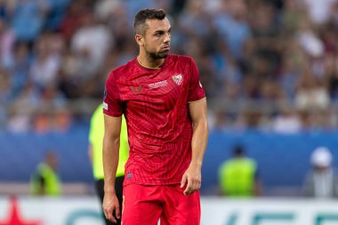 Atina, Yunanistan - 16 Ağustos 2023: UEFA Süper Kupa Finali 'nde Joan Jordan' ın oyuncusu Manchester City ile Sevilla arasında oynanan Stadyum Karaiskakis, Pire