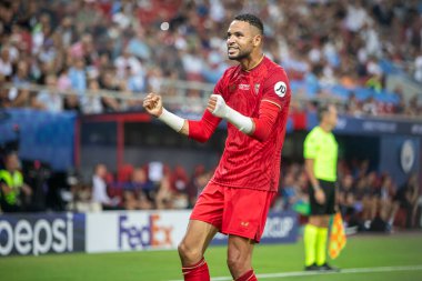 Atina, Yunanistan - 16 Ağustos 2023: Manchester City ile Sevilla arasında oynanan UEFA Süper Kupa Finali 'nde Youssef En Nesyr' in oyuncusu