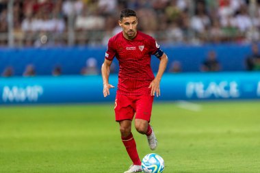 Atina, Yunanistan - 16 Ağustos 2023: UEFA Süper Kupa Finali 'nde Manchester City ile Sevilla arasında oynanan Stadyum Karaiskakis, Pire' de oynayan İsa Navas