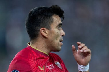 Atina, Yunanistan - 16 Ağustos 2023: Manchester City ile Sevilla arasında oynanan UEFA Süper Kupa Finali 'nde Marcos Acuna' nın oyuncusu