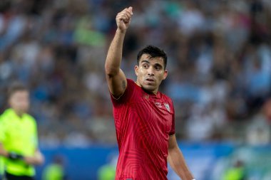 Atina, Yunanistan - 16 Ağustos 2023: Manchester City ile Sevilla arasında oynanan UEFA Süper Kupa Finali 'nde Marcos Acuna' nın oyuncusu