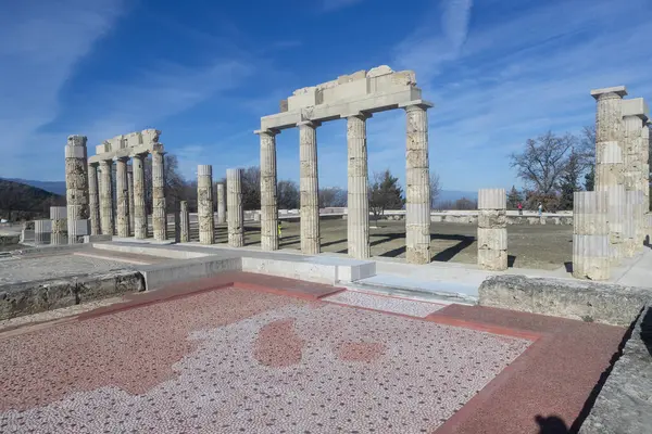 ギリシャのヴェルギナ 2024年1月5日 16年間の修復を経て エイガイの宮殿 宮殿はアレクサンダー大王がマケドニア人の王に戴冠した場所です モザイクディテール ロイヤリティフリーのストック写真