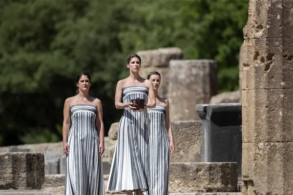 Olympia Greece April 2024 Final Dress Rehearsal Olympic Flame Lighting Stock Image