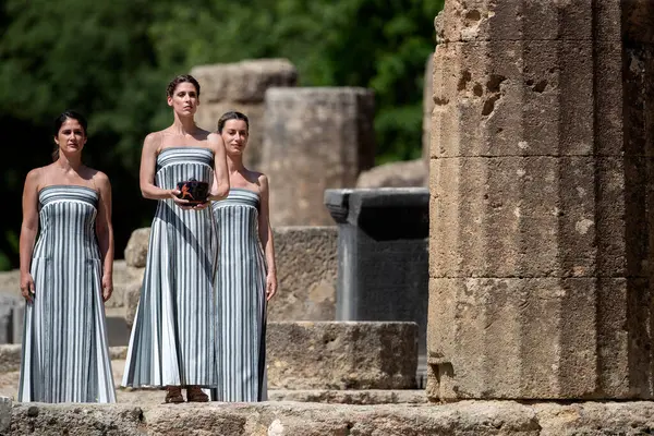 Olympia Greece April 2024 Final Dress Rehearsal Olympic Flame Lighting Stock Picture