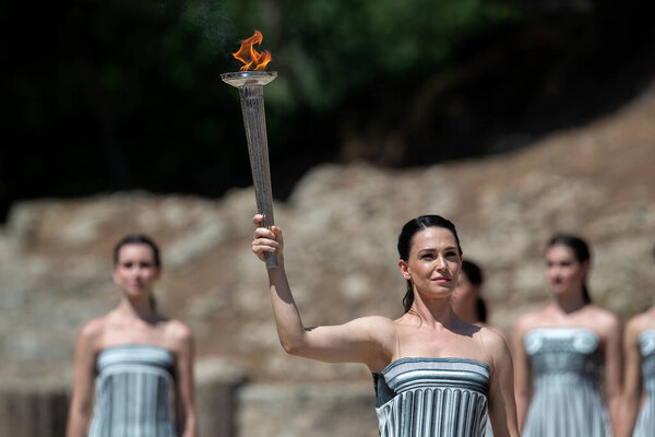 Olympia, Greece - April 15, 2024: Final dress rehearsal of the Olympic flame lighting ceremony for the Paris 2024 Summer Olympic Games in Ancient Olympia, Greece