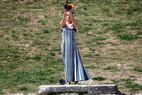 Olympia Greece April 2024 Final Dress Rehearsal Olympic Flame Lighting Stock Image