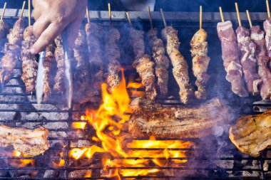 Açık ateşte pişen et şişleriyle dolu bir ızgara. Birisi eldiven giyerek ızgarayla ilgilenirken et kahverengiler gibi duman yükselir. Bu sahnede geleneksel bir barbekü var. Greek Souvlaki