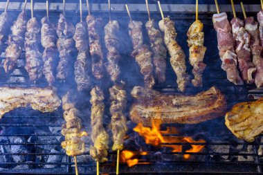 Şiş dolu bir ızgara ve ateşte pişmiş domuz eti. Et kahverengiler gibi duman yükselir, sahne geleneksel barbeküyü gösterir. Greek Souvlaki