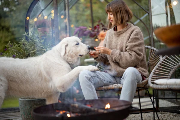 若い女性は彼女の犬を気にしながら 庭の火によって居心地の良い雰囲気で夜を過ごす — ストック写真