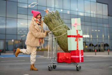 Dışarıdaki alışveriş merkezinin önünde hediye dolu alışveriş arabası ve Noel ağacı satan bir kadın. Kış tatili alışveriş konsepti