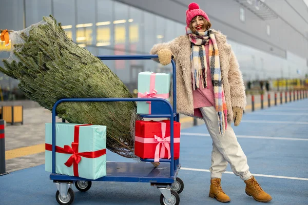 Kışlık Giysiler Içinde Alışveriş Arabası Hediye Dolu Bir Kadın Portresi — Stok fotoğraf