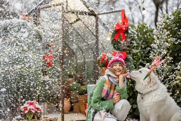 Junge Süße Frau Spielt Mit Entzückenden Hund Schön Dekorierten Hinterhof — Stockfoto
