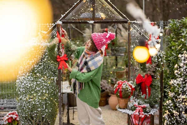 若い女性は新年の花輪で温室を飾り 裏庭での冬の休暇の準備をしています お祝いの気分や装飾の概念 — ストック写真