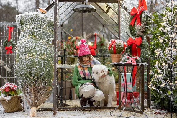 雪の日の冬の休暇のために飾られた美しいオレンジで一緒に抱き合うかわいい女性と犬の肖像画 幸せな冬の休日と愛の概念 — ストック写真