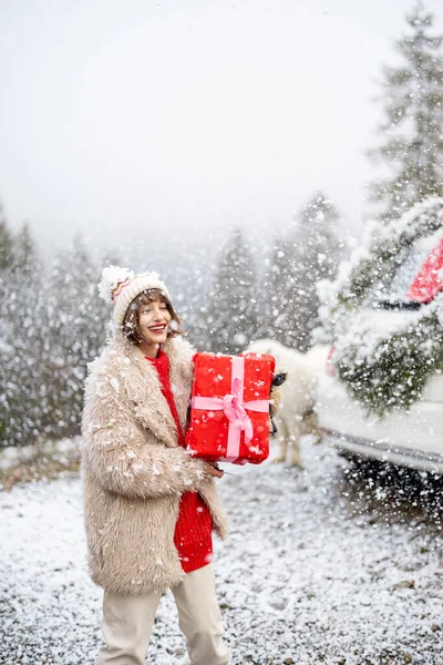 Портрет Щасливої Жінки Стоїть Подарунковою Коробкою Сніговій Бурі Під Час — стокове фото