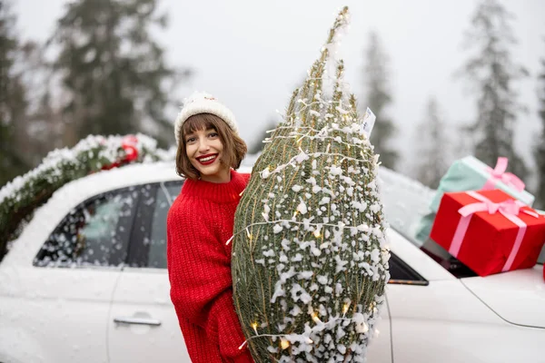 Portret Van Een Vrouw Met Gewikkelde Kerstboom Met Auto Bergen — Stockfoto