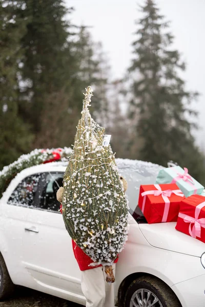 Žena Drží Zabalené Vánoční Stromeček Cestování Autem Horách Sněhového Počasí — Stock fotografie