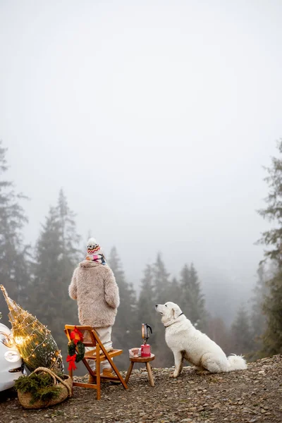 Genç Kadın Kış Tatilinde Dağlarda Piknikte Köpeğiyle Birlikte Otururken Doğada — Stok fotoğraf