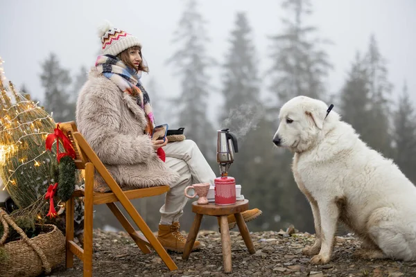 在山里度过寒假的时候 年轻的女人和她的狗一起野餐 放松下来 享受大自然的平静 与宠物狗乘汽车庆祝新年 — 图库照片