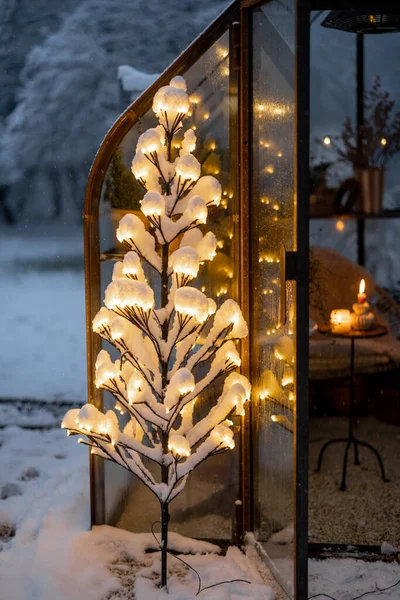 Piękny Śnieżny Dziedziniec Vintage Szklarni Świecące Girlandy Drzewa Przytulna Świąteczna — Zdjęcie stockowe