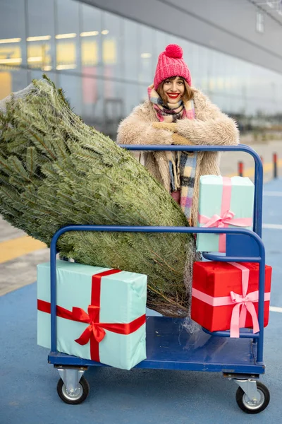기사보기 크리스마스 트리가 트롤리를 여성의 쇼핑몰 근처에 — 스톡 사진