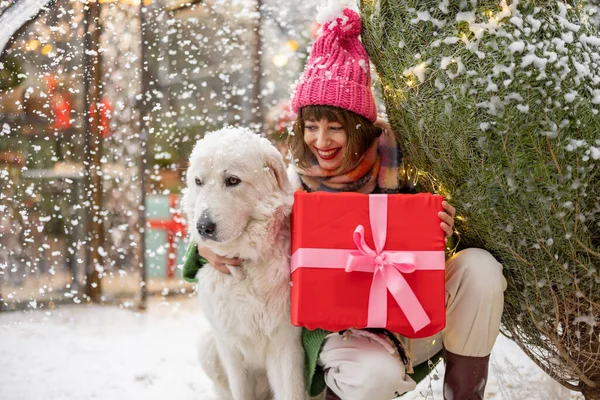 Portret Van Een Vrouw Met Kerstboom Giftbox Knuffels Met Haar — Stockfoto