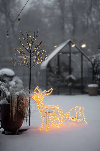 Snowy Backyard Garlands Illuminated Deer Glasshouse Background — Stock Photo, Image