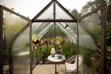 Glasshouse 'da çok güzel bir iş yeri. Raflarda çiçekler, masada dizüstü bilgisayarlar. Doğadaki rahat atmosferde ücra bir ofis.