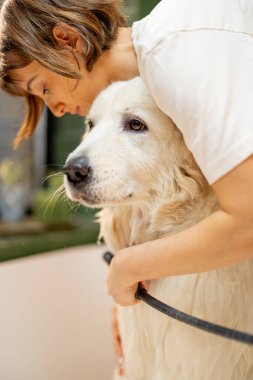 Young woman washing her cute white dog in bathtub at home. Concept of animal care, spa procedures for pets and friendship