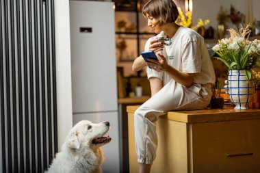 Young woman uses smartphone and drinks a coffee while sitting with her dog on kitchen at home. Concept of morning routine and domestic lifestyle