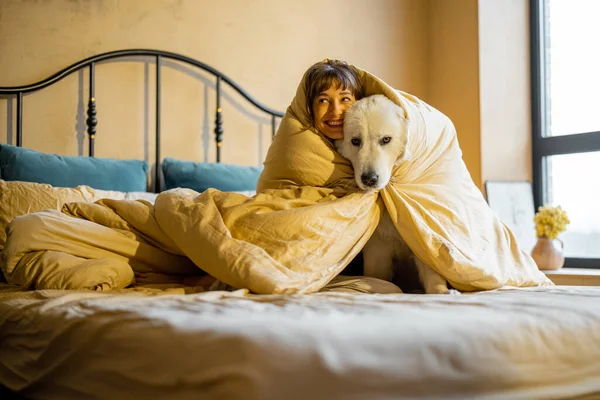 귀여운 여자가 침대에 담요를 스러운 에서의 — 스톡 사진
