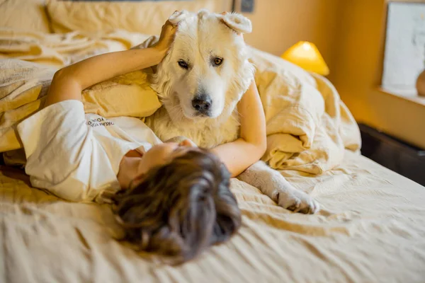 Young Woman Hugs Her Cute Dog While Lying Together Covered — Photo