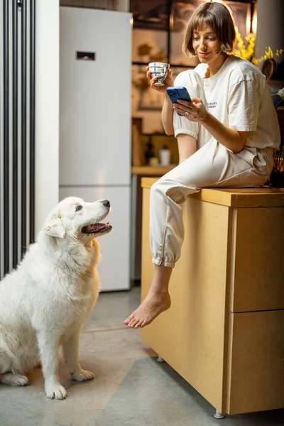 Young Woman Uses Smartphone Drinks Coffee While Sitting Her Dog — 스톡 사진