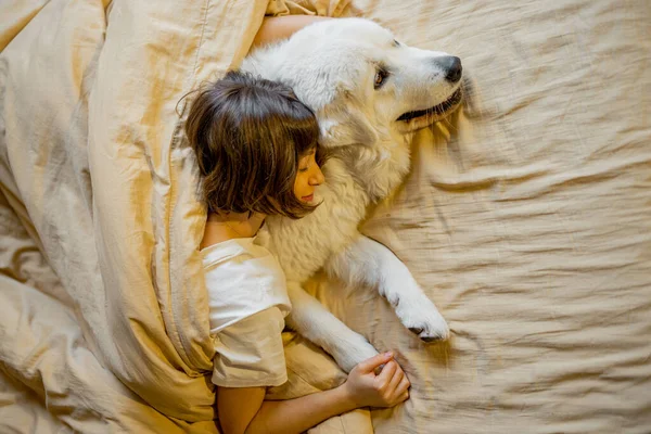 Young Woman Hugs Her Cute Dog While Lying Together Covered — Stock fotografie