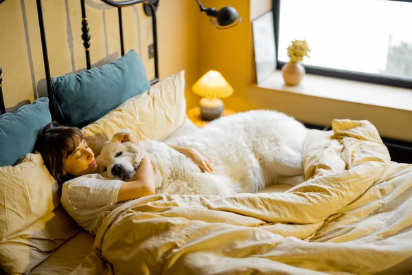 Женщина Обнимается Своей Огромной Милой Собакой Лежа Вместе Постели Уютной — стоковое фото
