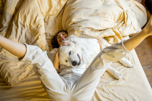 Gelukkig Vrouw Spelen Met Haar Hond Springen Knuffelen Samen Bed — Stockfoto