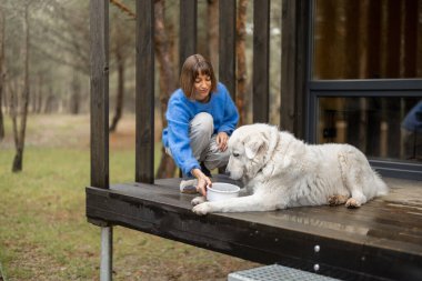 Young woman feeds her cute white dog while sitting together on a porch of wooden house in the forest. Pets caring and rest on nature concept