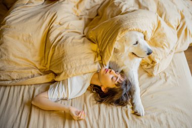 Young woman hugs with her cute dog while lying together covered with beige blanket in bed. View from above. Concept of friendship with pets and home coziness