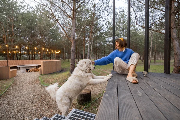 若い女性は松の森の木の家のポーチに座っている間 彼女の犬を気にし 一緒に余暇を過ごし 田舎で休んでいます — ストック写真
