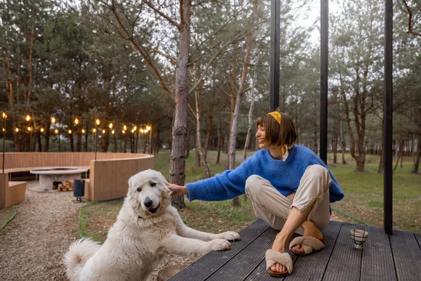 Young Woman Cares Her Dog While Sitting Porch Wooden House — 스톡 사진