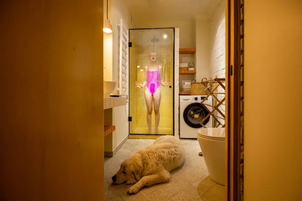 Anjing Lucu Berbaring Bathrrom Dengan Seorang Wanita Mandi Latar Belakang — Stok Foto