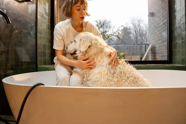 Young Woman Washing Her Cute White Dog Bathtub Home Concept — Photo